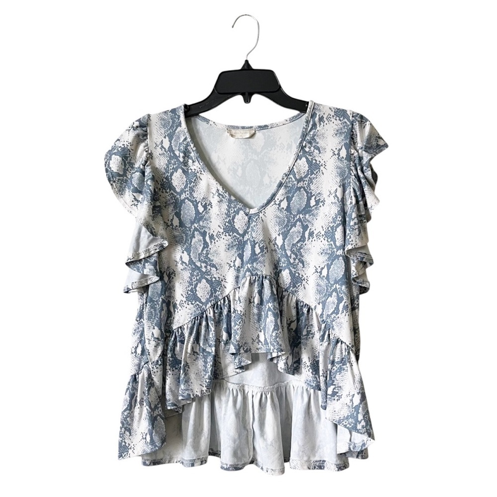 Altar’d State Top Women's Size XS Blue Snakeskin Print V-Neck Ruffle Hi-Low Hem